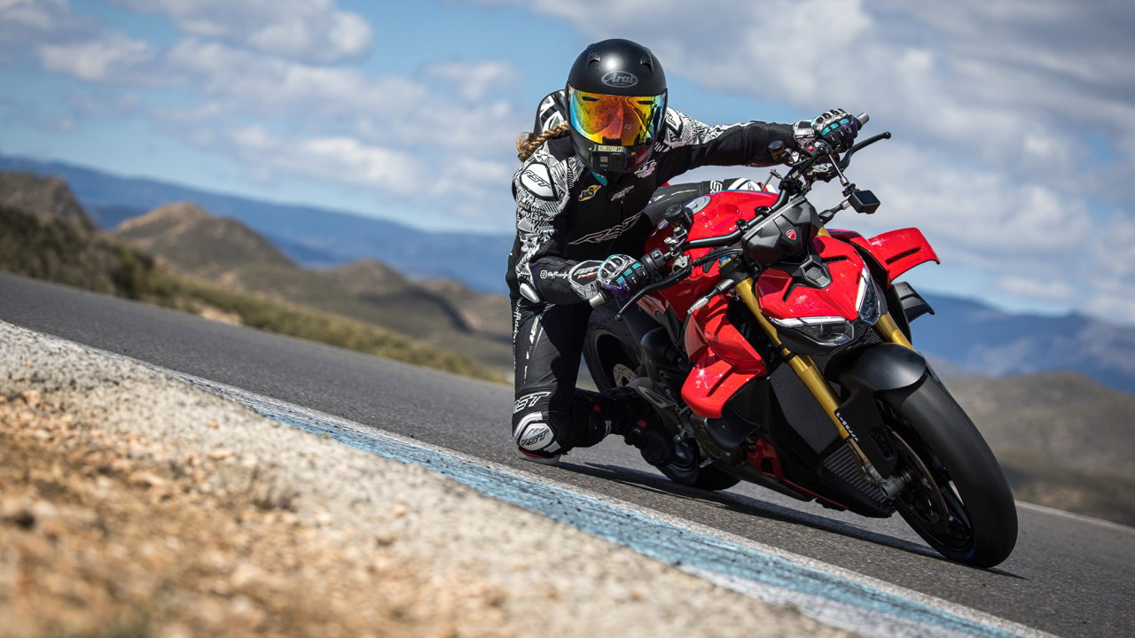 Grace Webb testing the new Ducati Streetfighter V4 S on track